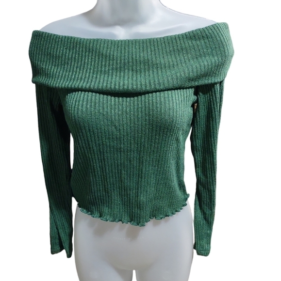 Women's Off Shoulder Ribbed Knit Long Sleeve Top Kelly Green L - Picture 1 of 2